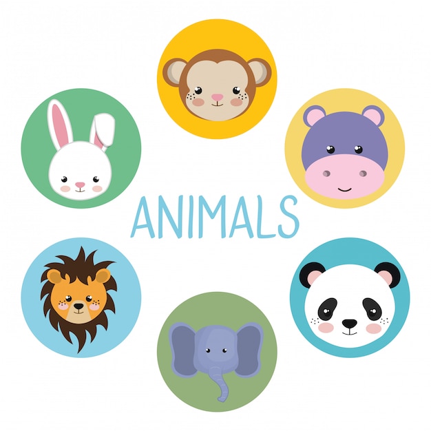 cute group head animals characters