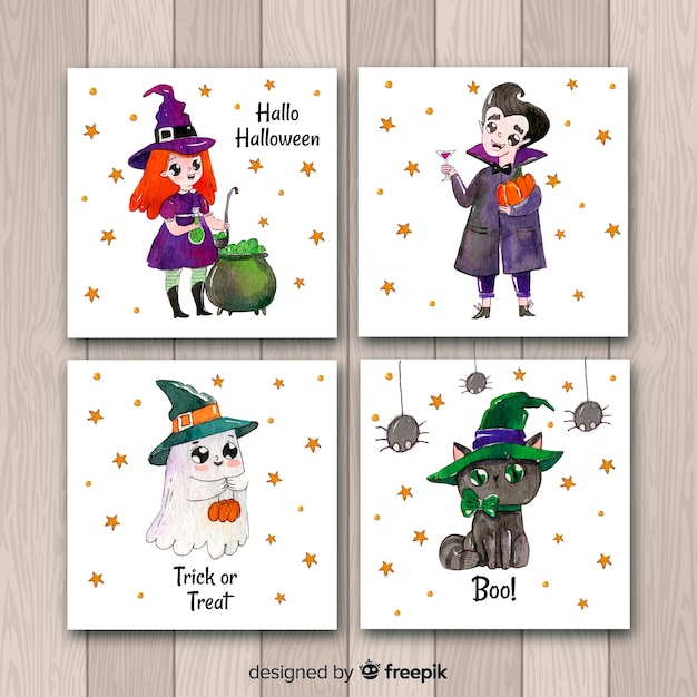 Vettore gratuito carino collezione di carte di halloween in acquerello