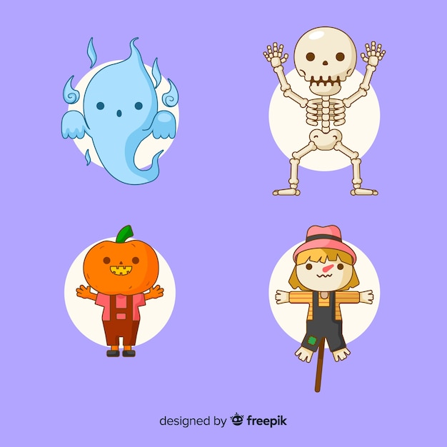 フラットなデザインのかわいいハロウィーンキャラクターコレクション