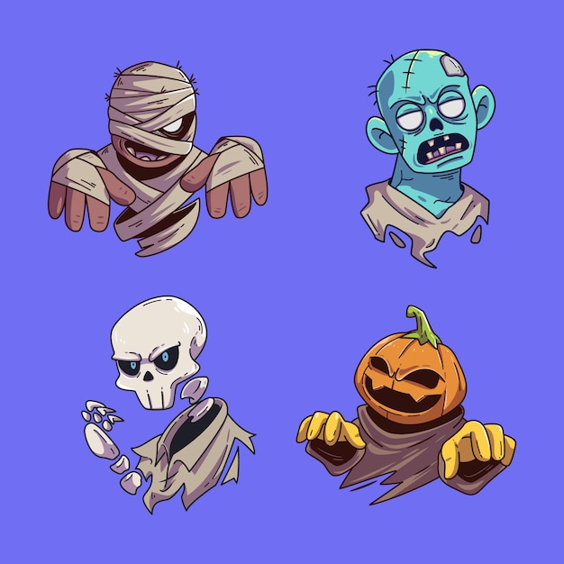 Vettore gratuito simpatico set di adesivi per personaggi di halloween