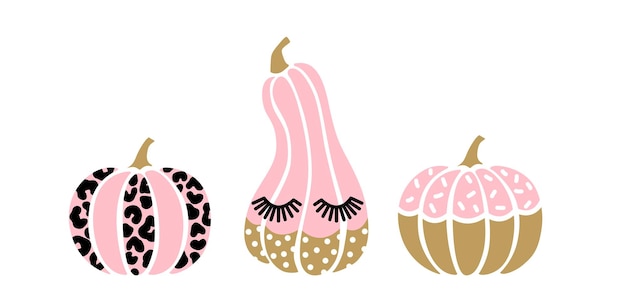 Милый набор розовых тыкв на хэллоуин. леопард вектор тыквы, с ресницами. мультфильм осенние символы