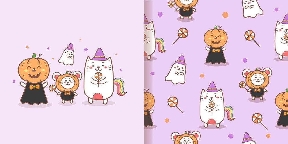  Cute halloween seamless pattern kawaii doodle with purple background Premium Vector