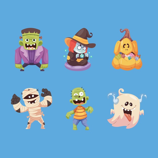 Free vector cute halloween sticker character collection set