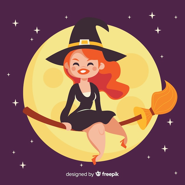 Cute halloween witch background with moon