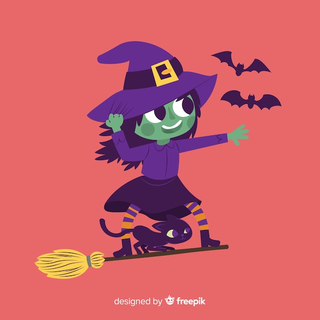 Strega di halloween carino sulla scopa