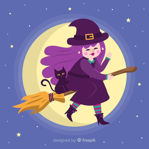 Free vector cute halloween witch on broom