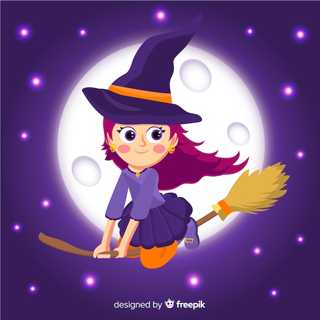 Милая ведьма Хэллоуин летать в звездную ночь