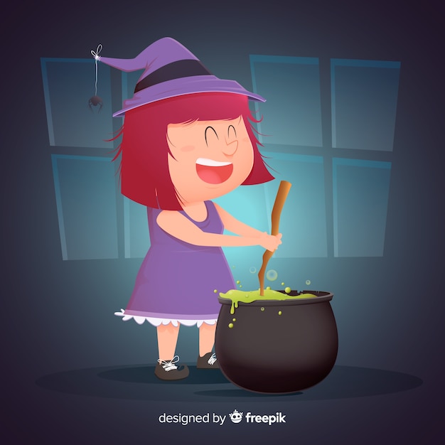 Free vector cute halloween witch making a spell