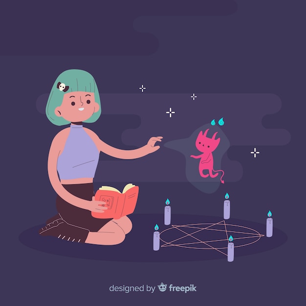 Free vector cute halloween witch making spell