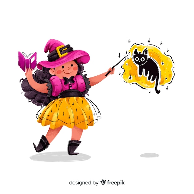 Cute halloween witch making a spell