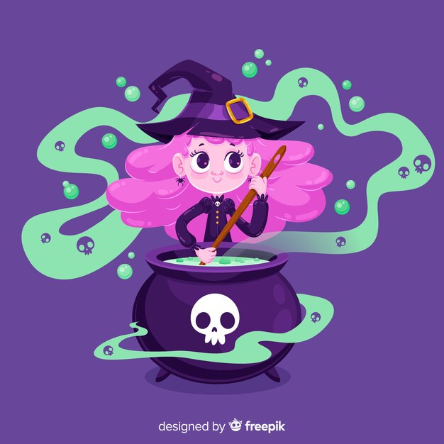 Cute halloween witch making a spell