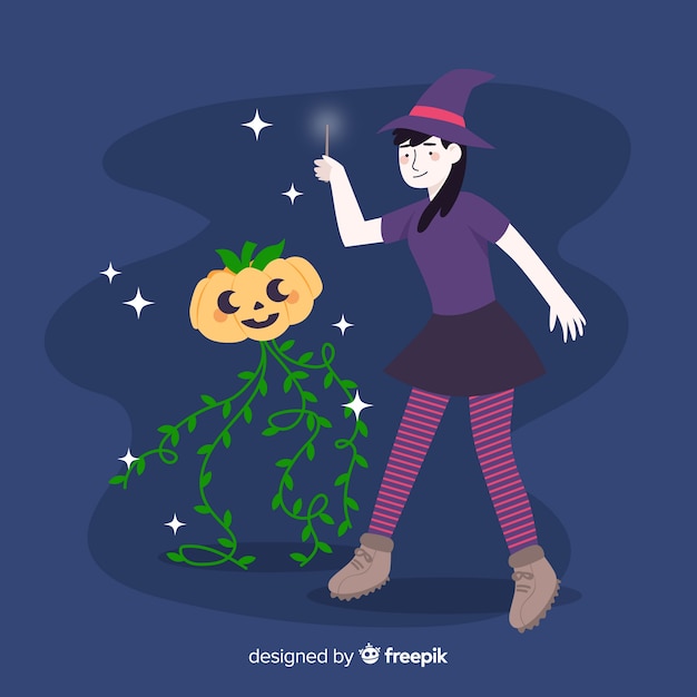 Cute halloween witch and pumpkin