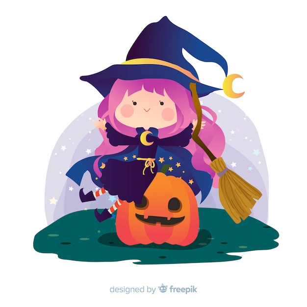 Free vector cute halloween witch on pumpkin