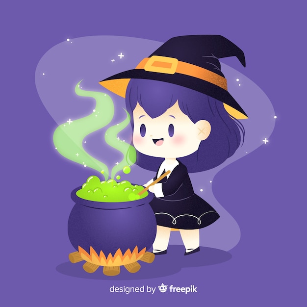 Free vector cute halloween witch stirring in the pot