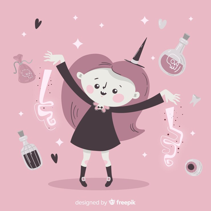 Free Vector cute halloween witch surrounded by potions for spells