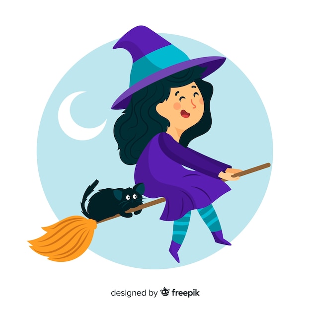 Free vector cute halloween witch with black cat