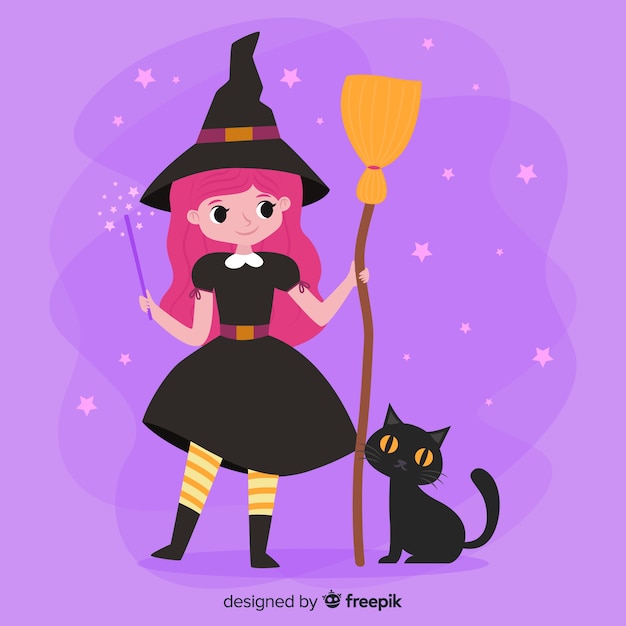 Милая ведьма Хэллоуин с метлой и кошкой