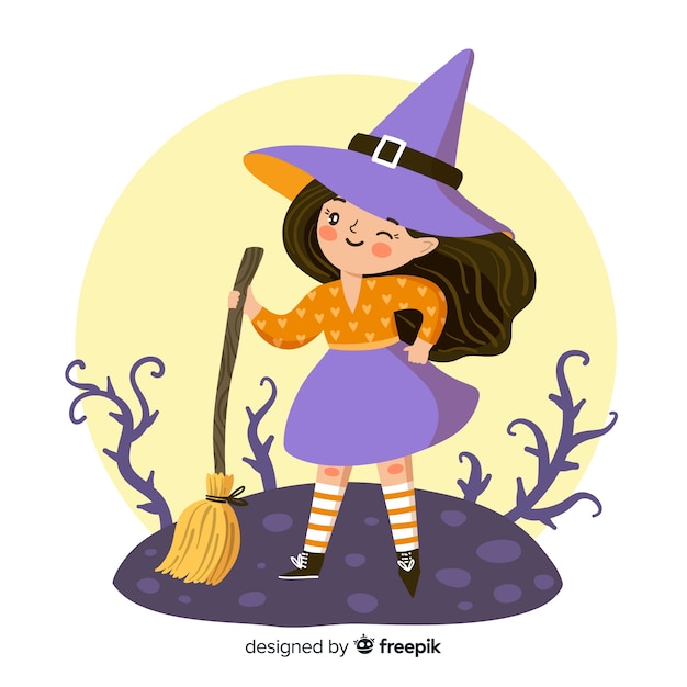 Free vector cute halloween witch with broom