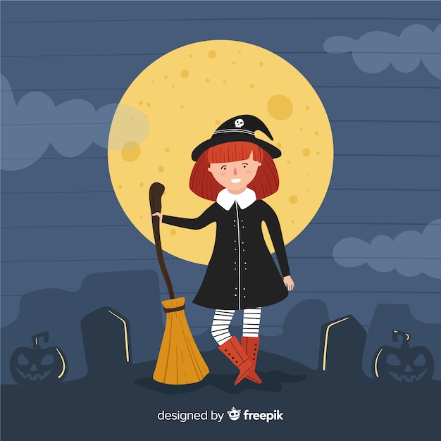 Free vector cute halloween witch with broom