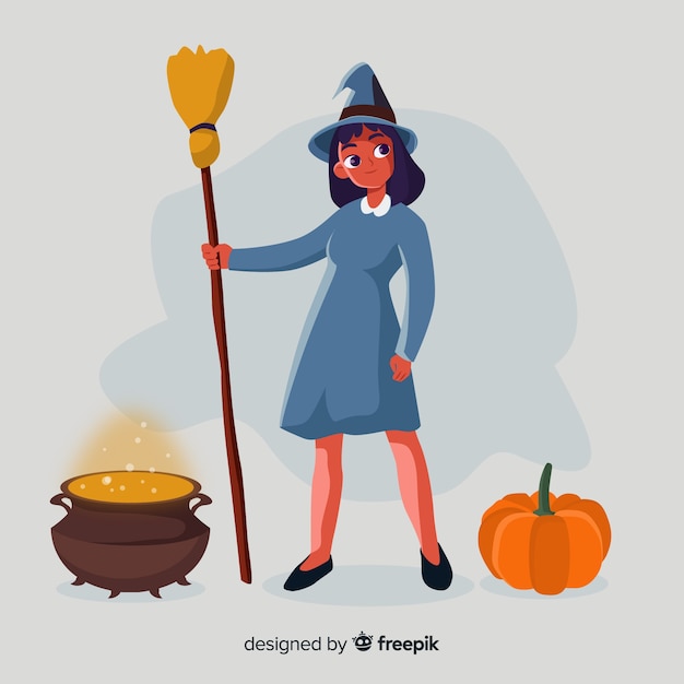 Free vector cute halloween witch with broom