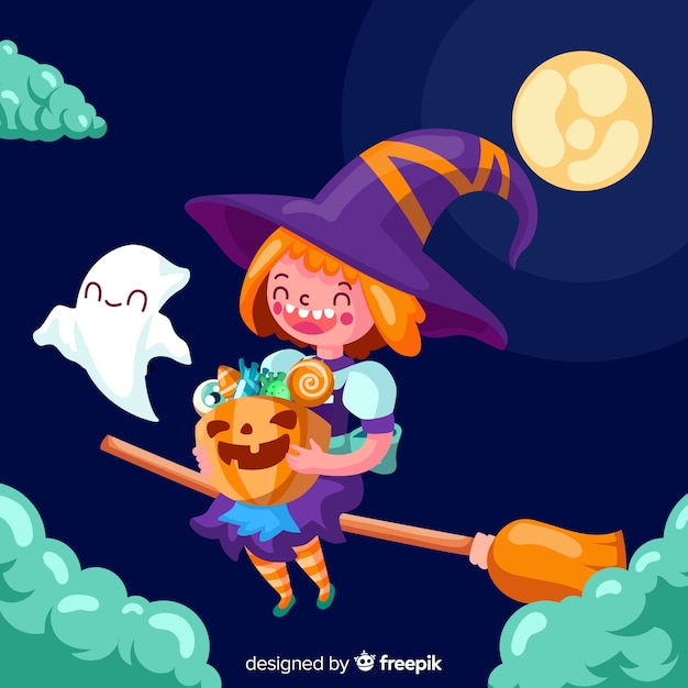 Cute halloween witch with a broom