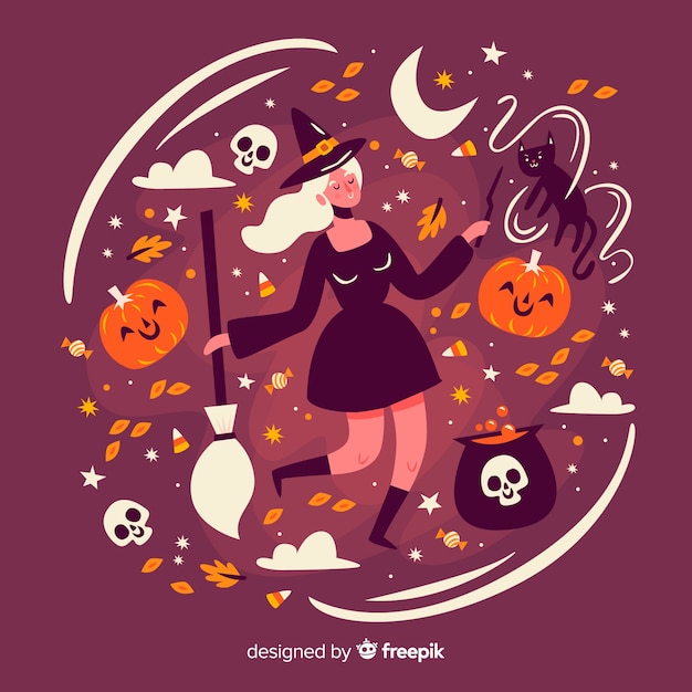 Free vector cute halloween witch with a broom