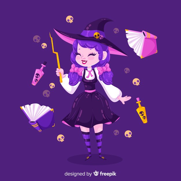 Cute halloween witch with flying objects