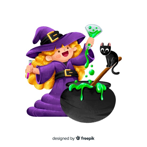 Cute halloween witch with full moon