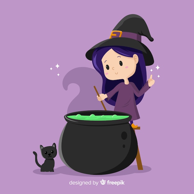 Cute halloween witch with melting pot and cat