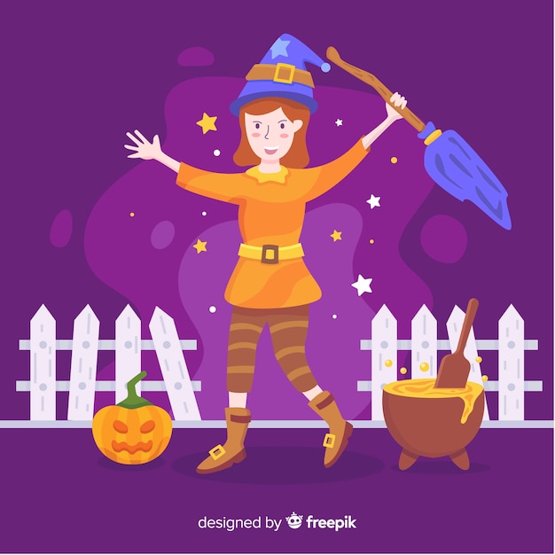 Cute halloween witch with pumpkin and melting pot