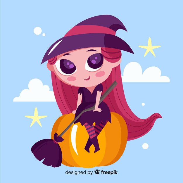 Милая ведьма Хэллоуин с тыквой
