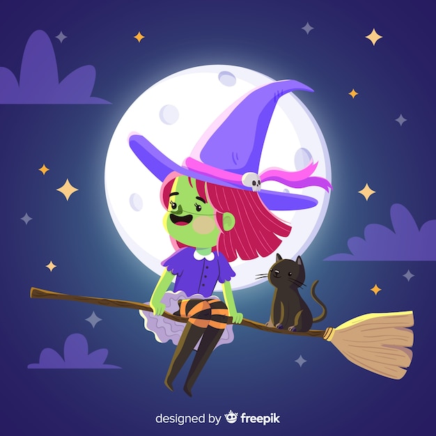 Милая ведьма Хэллоуин с фиолетовыми одеждами