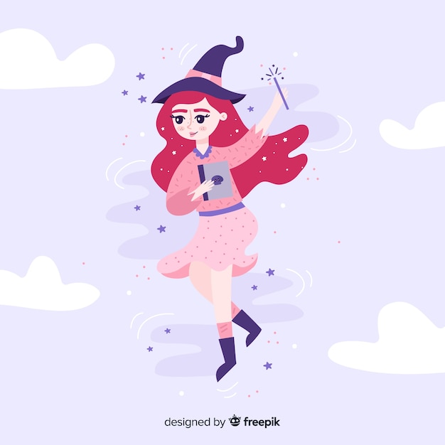 Free vector cute halloween witch with wand