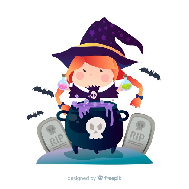 魔女の鍋でかわいいハロウィーン魔女 無料のベクター