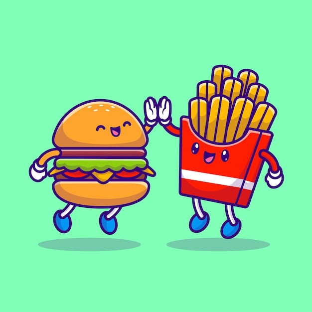 Carino hamburger high five con patatine fritte cartoon vettore icona illustrazione cibo amico isolato