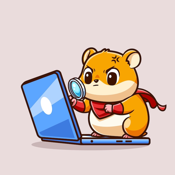 Free Vector cute hamster super hero looking laptop with magnifying glass cartoon vector icon illustration flat