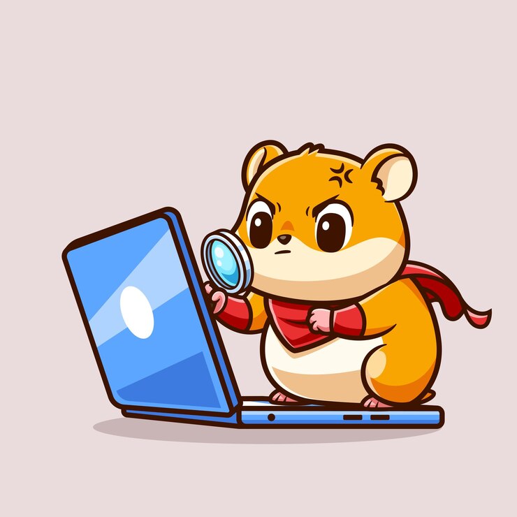 무료 Vector 귀여운 햄스터 슈퍼 히어로 모양의 노트북과 확대 유리 만화 터 아이콘 일러스트레이션 플래트