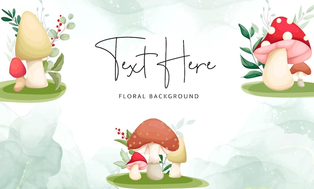 Free vector cute hand drawing mushroom and leaves floral background