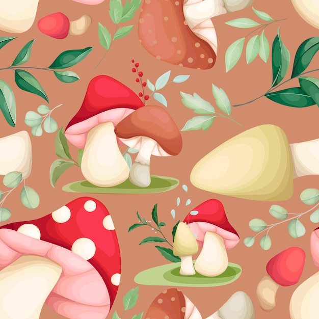 Free vector cute hand drawing mushroom and leaves seamless pattern design