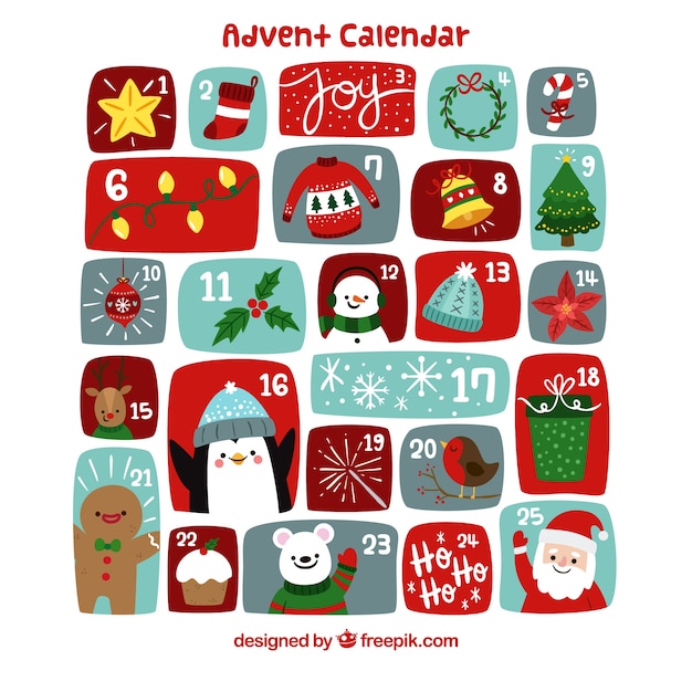 Cute hand drawn advent calendar with christmas characters and decorations