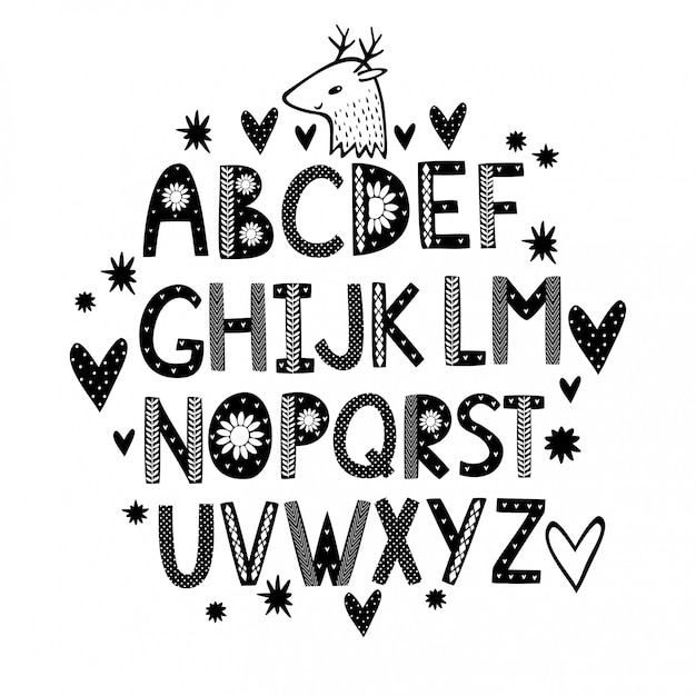 симпатичный рисованный алфавит с сердечками