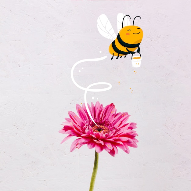 Cute hand drawn bee with a honey jar