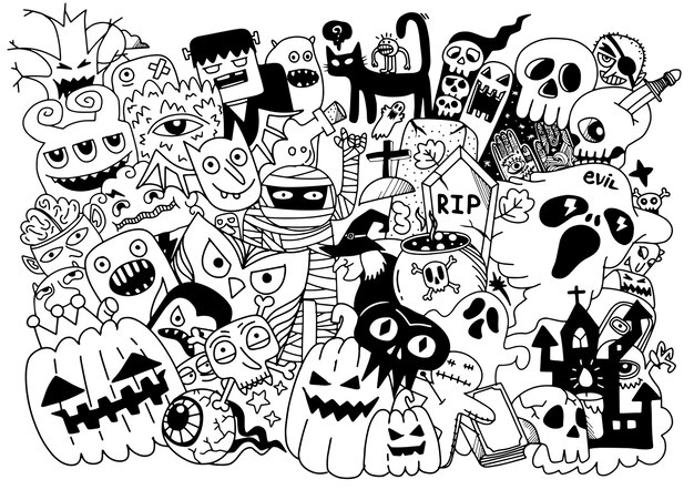 かわいい手描きハロウィン落書き イラスト プレミアムベクター