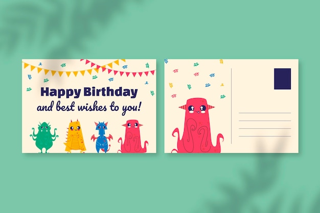 Free vector cute hand drawn monsters birthday postcard template