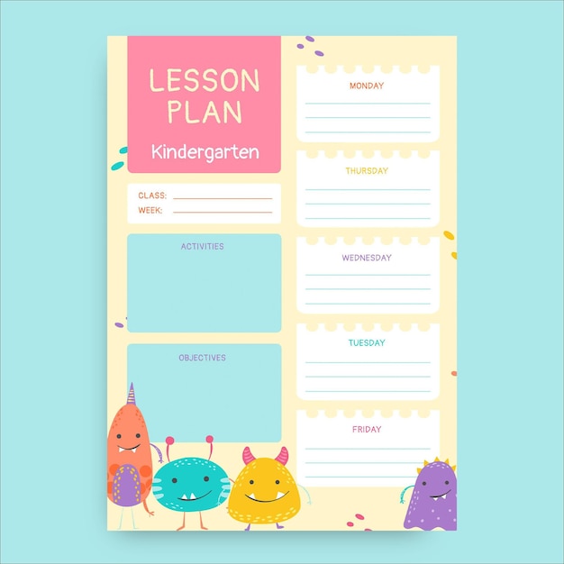 Free vector cute hand drawn monsters pre-k lesson plan