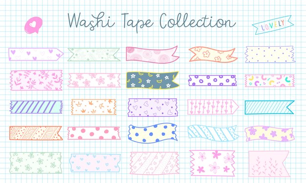 Cute hand drawn washi tape collection in pastel color