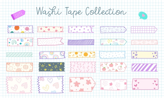 Cute hand drawn washi tape collection in pastel color