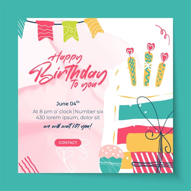 Cute happy birthday card with cake and candles vector illustration