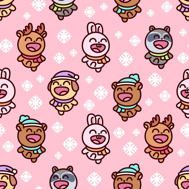 かわいい動物のタヌキのクマの鹿のウサギのダンスとクリスマスの日のイラストで一緒に歌う プレミアムベクター