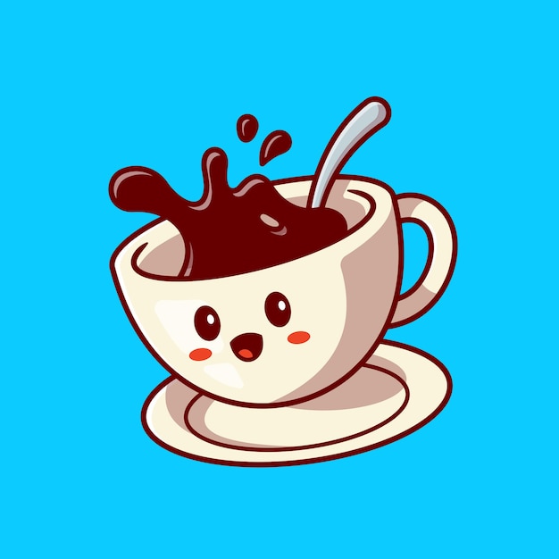 免费矢量可爱快乐的咖啡杯卡通图标说明。喝人物图标的概念。平的卡通风格